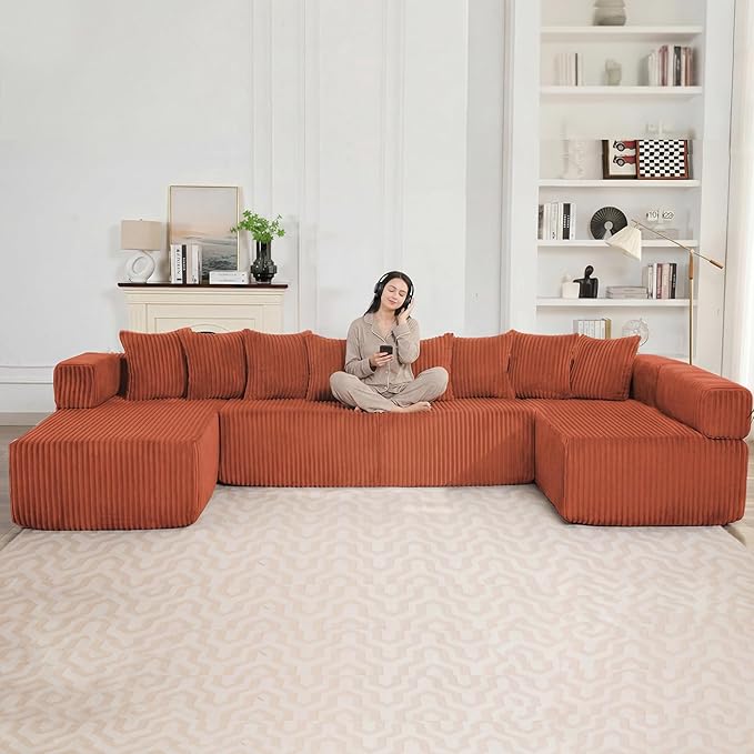 Oversized Cloud Boneless Couch with Chaise Modern Modular Corduroy Sofa with Deep Seat Various Combinations Upholstered Couches with Storage No Assembly Required-Orange