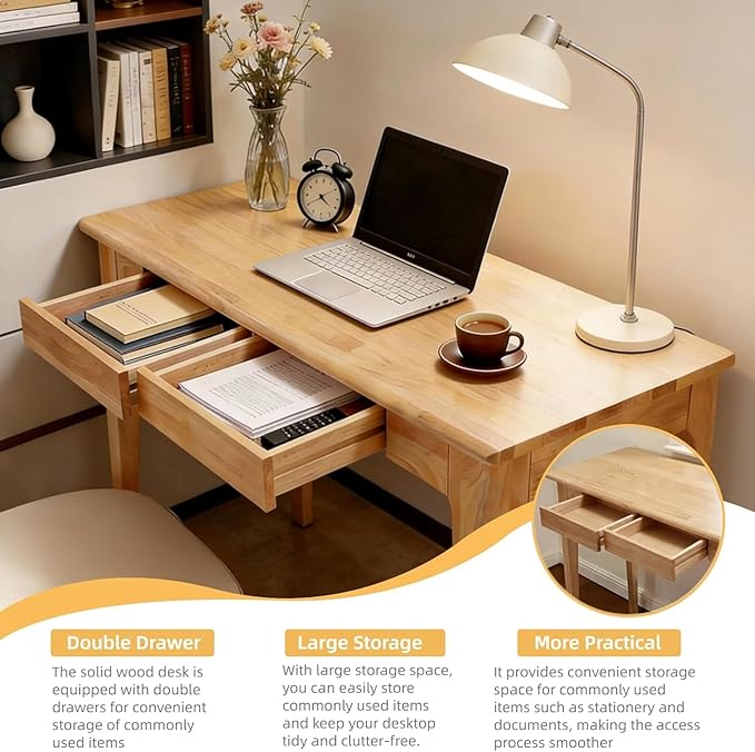 Solid Wood Desk with Drawers Home Office Desk for Small Spaces Wooden Computer Table Gaming Work or Study Desk Student PC Desk for Bedroom Easy to Assemble ﻿