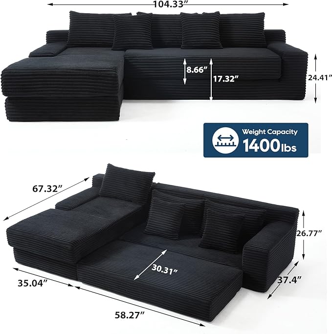 ‌104 3-Seater L-Shaped Modular Sectional Sofa with Chaise Convertible Sleeper Sofa Bed with Memory Foam &amp Floor Couch Comfy Corduroy Deep Seat Couch for Living Room No Assembly RequiredBlack