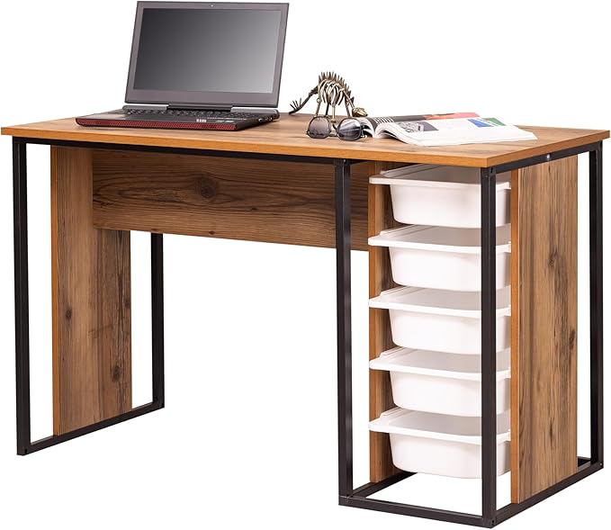 Comfyt Modern Rustic Brown Medium Desk with 5 Drawers Space-Saving Multi-Functional Perfect for Home Office Study Gaming Crafting