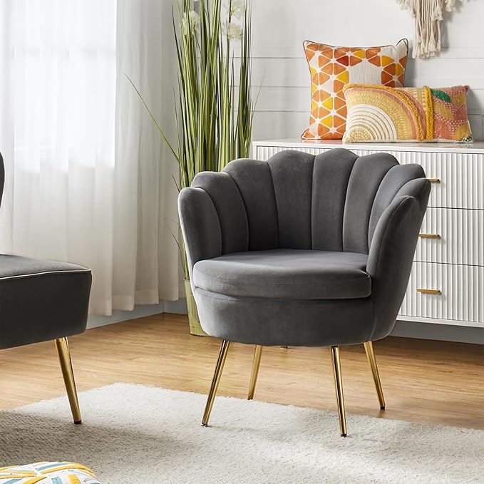 HULALA HOME Modern Velvet Accent Chair with Shell Shaped Back Cute Living Room Bedroom Armchair with Gold Legs Comfy Upholstered Vanity Chair for Makeup Room Grey