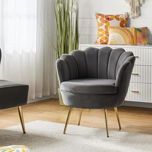 HULALA HOME Modern Velvet Accent Chair with Shell Shaped Back Cute Living Room Bedroom Armchair with Gold Legs Comfy Upholstered Vanity Chair for Makeup Room Grey