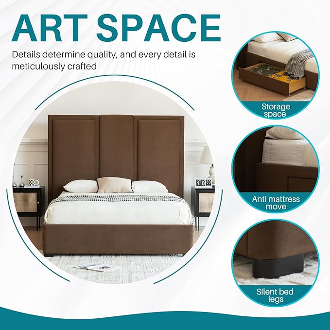 YUHUASHI Queen Size Bed Frame with 64-inch High Headboard Simple and Airy Linen Upholstered Platform Bed with Storage Drawers Wood Slat No Noise (Brown Queen)