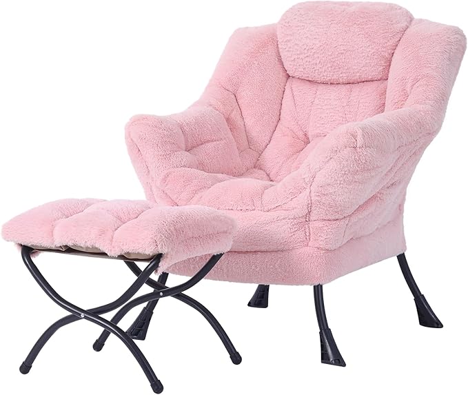 Welnow Lazy Chair with Ottoman Modern Accent Chair with Armrests and a Side Pocket Leisure Sofa Armchair Set Reading Armchair with Footrest for Small Space Plush Pink