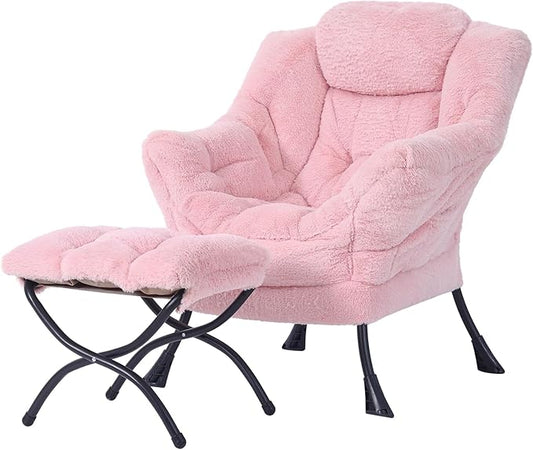 Welnow Lazy Chair with Ottoman Modern Accent Chair with Armrests and a Side Pocket Leisure Sofa Armchair Set Reading Armchair with Footrest for Small Space Plush Pink