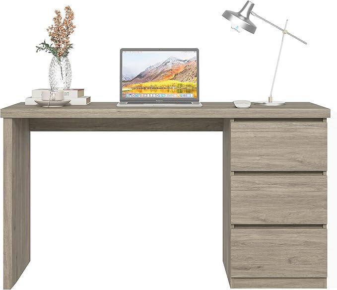 furtble Computer Desk with Drawers 53.5 inches Wood Work Desk Home Office Desk Workstation with Storage Farmhouse Computer Table for Bedroom Living Room Grey Oak