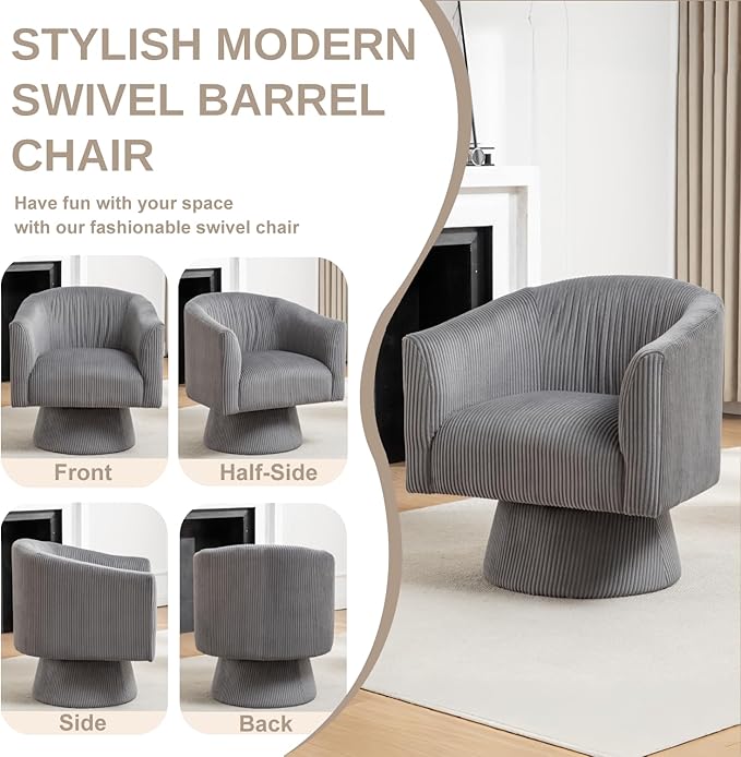 Swivel Accent Chair Modern 360° Barrel Chair Corduroy Upholstered Single Sofa for Living Room Bedroom(Gray)