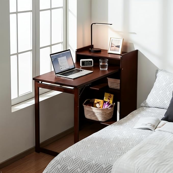 Bamboo Folding Desk with Storage Mid Century Fold Out Table Space Saving Foldable Desk for Small Spaces Multi-Functional Computer Desk for Home Office Bedroom Apartment &amp Dorm