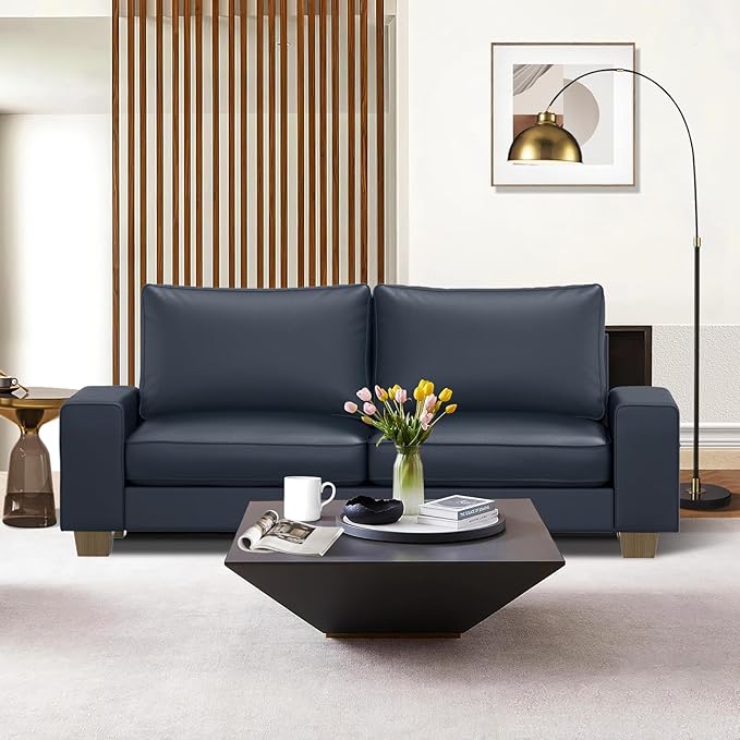 Faux Leather Couch Mid Century Modern Comfy Loveseat Sofa with Wide Arm Side Pockets Solid Wooden Frame for Office Living Room and Bedroom 3 Seater (Blue 88.58 inches)