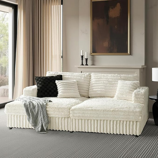 HULALA HOME 88 Double Chaise Lounge Sofa with USB Port and Cup Holder Oversized Cloud Couch with Faux Rabbit Fur Deep Seat Sleeper Sofa Bed for Living Room Bedroom Ivory