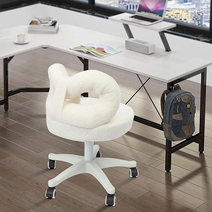 Vanity Chair with Cute Bow Backrest Adjustable Height Bedroom Vanity Stool Roller Chair with 5 Wheels White Make-up Chair Armless Dressing Chair for Bedroom Living Room