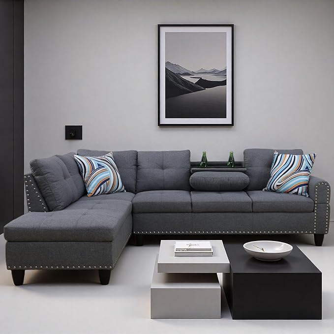 L Shape Sectional Couch with Chaise 97.5 Inch Modular Sofa with Cup Holders Sectional Couches for Living Room Ergonomic Reclined Backrest for Office and Small Apartment Grey