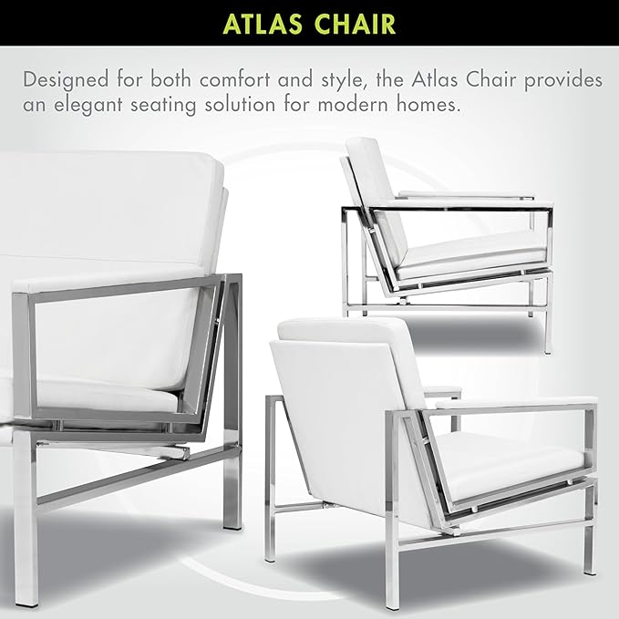 Atlas Modern Accent Chair in Blended Leather Chrome/White