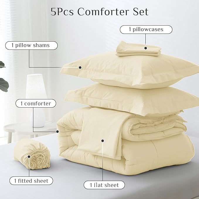 JOLLYVOGUE Twin Comforter Set Ultra-Soft Bed in a Bag Twin Size 5 Pieces Oeko-TEX Certified Bedding Set with Down Alternative Comforter Sheets Pillowcases &amp Shams Light Yellow