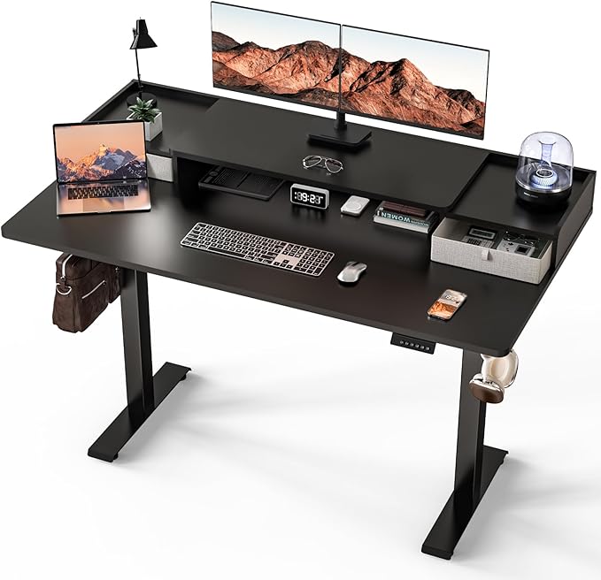 Kingant 63 x 30 Inch Electric Standing Desk with Dual Drawers Adjustable Height Computer Desk for Home Office Large Workstation Sit Stand Up Desk with Built-in Storage Shelf Black