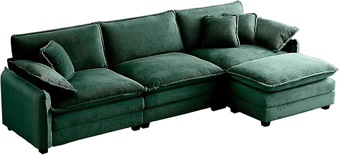 115.34 Modular Sectional Couch 3 Seat Extra Deep Corduroy Sofa with Ottoman Footrest 2 Arm Pillows &amp 3 Throw Pillows Modern Upholstered Comfy Couches for Living Room Bedroom Apartment Green