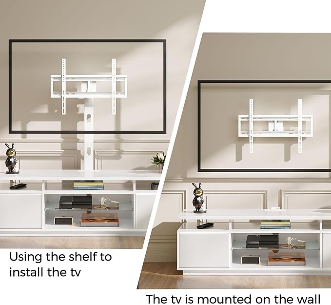 Rolanstar TV Stand with Mount and Power Outlet 51.2 Swivel TV Stand Mount for 32/45/55/60/65/70 inch TVs Height Adjustable Modern Entertainment Center with Storage &amp LED Lights TV Table White
