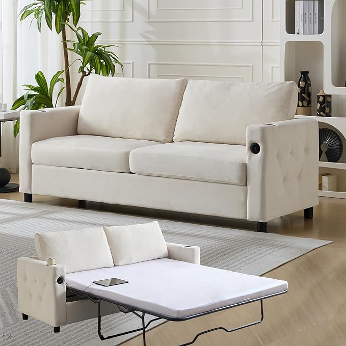 PUREMIND Queen Pull Out Sofa Bed 2-in-1 Velvet Sleeper Sofa with USB &amp Cup Holders 67 Sleeper Loveseat Couch Bed with Folding Mattress Pull Out Couch for Living Room Small Spaces Beige