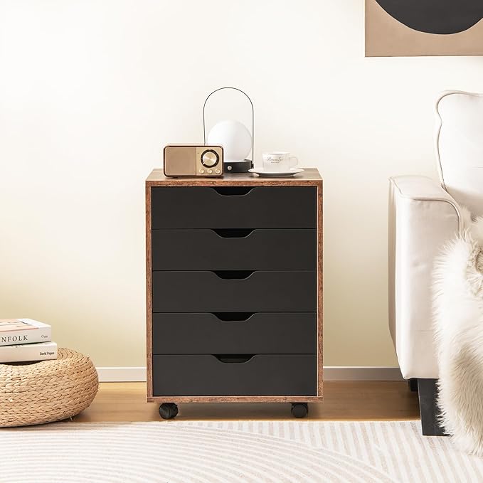 5 Drawers File Cabinet Vertical Filing for Home Office Mobile Under Desk Storage With Wheels Modern Chest of Drawers for Bedroom (Rustic Brown)