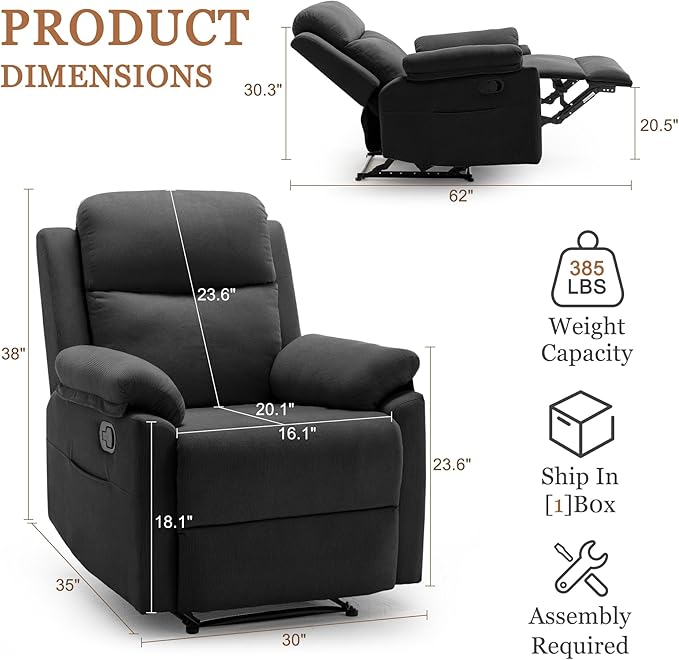 Recliner Chair for Adults Small Recliner Chair for Small Spaces Upholstered Corduroy Manual Recliner with Side Pockets Reclining Chair for Living Room Nursery Black