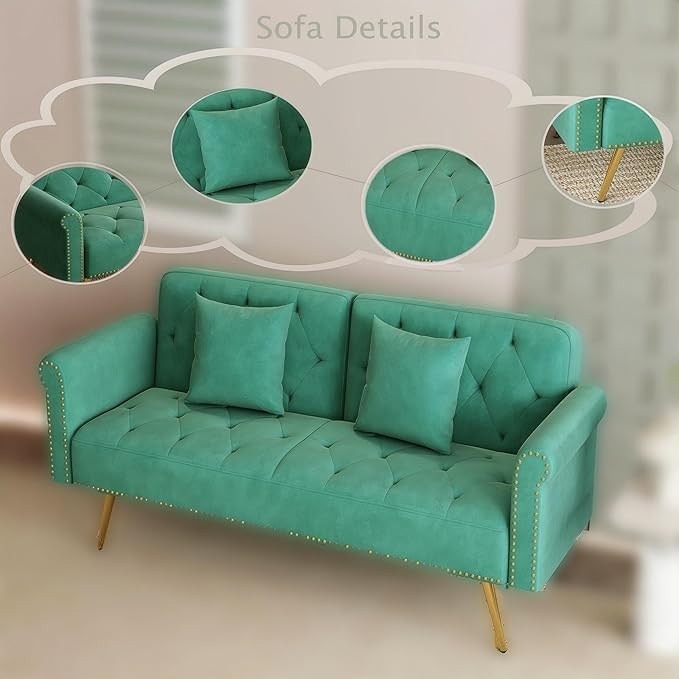 Modern Velvet 2 in 1 Futon Sofa BedConvertible Folding Sleeper Bed Couches with 2 Pillows73 Tufted Recliner Love Seat with Golden Chrome Legs for Living Room Apartment Office (Green)