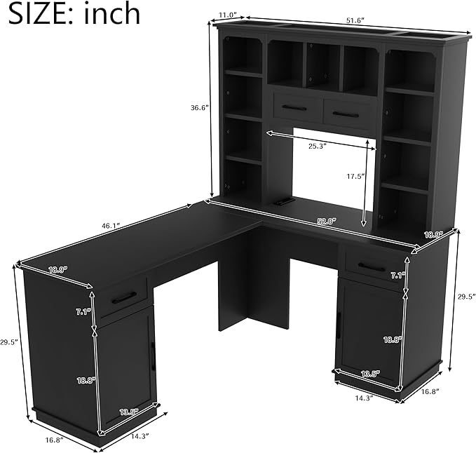 L-Shaped Executive Desk Writing Desk Office Study Workstation with Storage Cabinets and Bookcases Wood Home Office Computer Desk for Living Room Study Room (Black-11.8)
