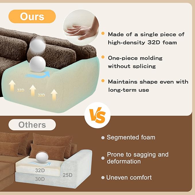 Boneless Couch Modular Sectional Sofa 114.7 Modern Sectional Couches for Living Room Comfy Cloud Sofa No Assembly 3 Seater Couches with Ottoman Deep Seat Floor Sofas Anti-SlipBrown
