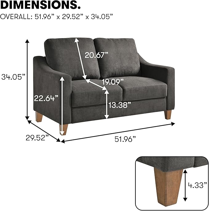 Serta® Armstrong 52 Soft Modern Sofa Sloped Track Arms Solid Wood Legs Easy Assembly Dream Coil® Comfort Soft Woven Polyester Fabric Gray