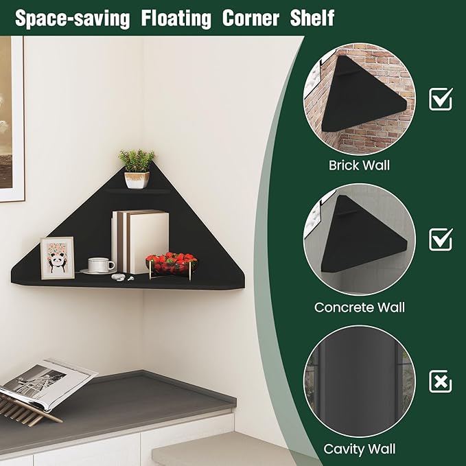 GOFLAME Floating Corner Desk Wall Mounted Triangular Computer Desk w/Storage Shelf Space-Saving Design 90° Wooden Floating Home Office Desk for Writing Working Studying (Black)