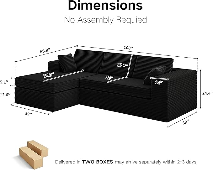 Extra Firm 108” Cloud Boneless Couches for Living RoomModular Sectional Cloud Couch with Deep Seat High-resilience Foam / Sag-resistant / Keeps its form No Assembly Required (Left-Facing Chaise） |