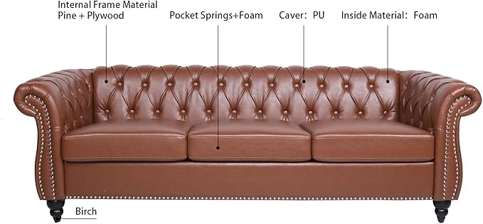 GDFStudio 85 Tufted Button Chesterfield Sofa with Deep Seat Cushions Rolled Arms &amp Gold Accent Strip Midcentury Modern 3-Seater Upholstered Sofa Couch for Living Room Classic Furniture Brown