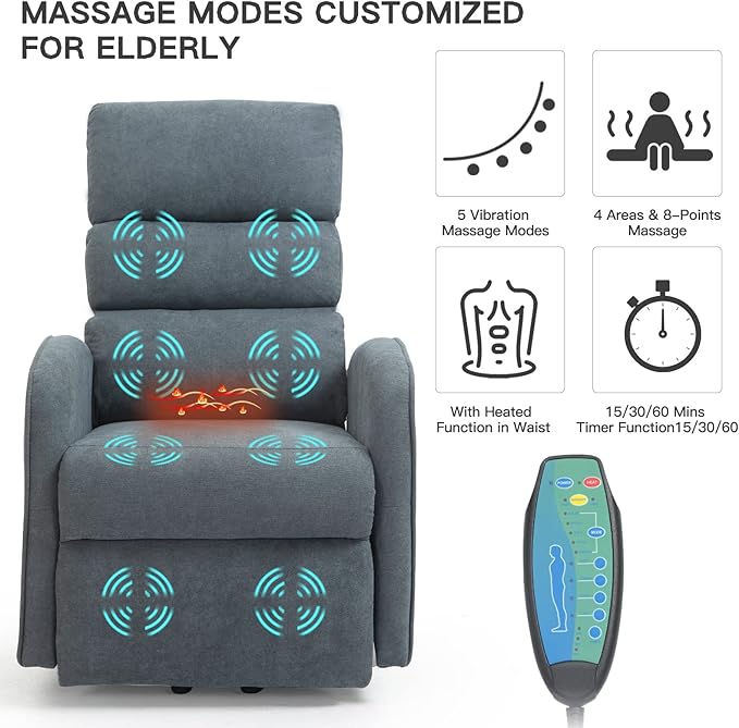 AVAWING Power Lift Chair with Heat and Massage for Elderly Fabric Electric Recliner Chair with Remote Control Side Pocket and USB Port for Living Room &amp Bedroom Grey