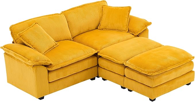 Modular Sectional Sofa 84'' Comfy Corduroy Double Layer Upholstered Cloud Couch Loveseat Sleeper Sofa with Moveable Ottoman 2 Pillows and Detachable Armrest for Living Room Yellow