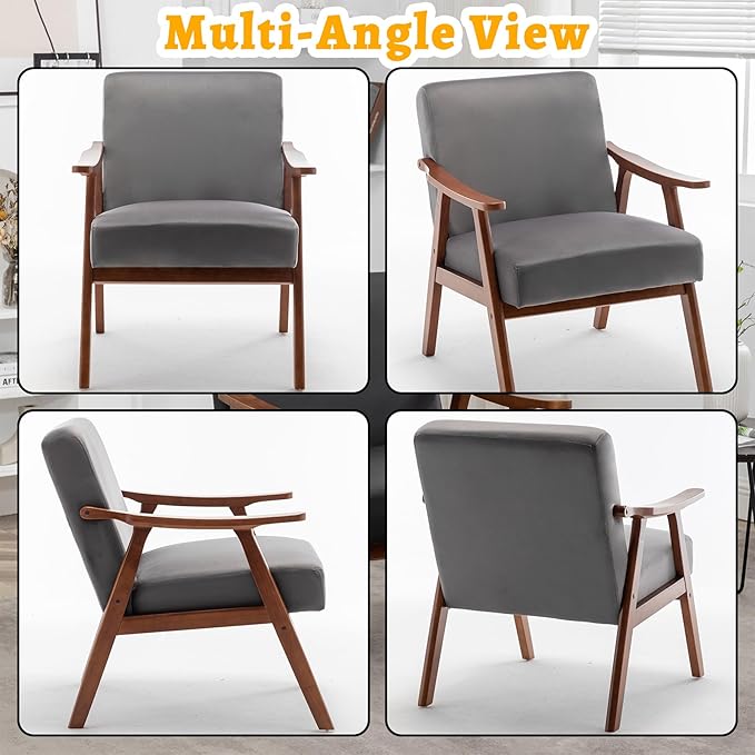 Mid Century Modern Accent Chair Upholstered Armchair Comfy with Wood Legs Siting Chair with Soft Cushion PU Leather Side Chairs for Living Room Bedroom Office (Velvet Grey)