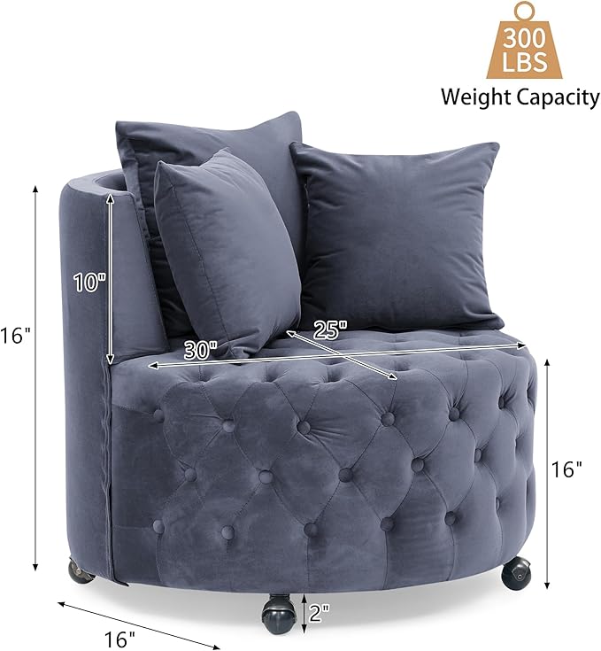 GNIXUU Swivel Barrel Accent Chair 30” Modern Velvet Round Sofa Chair with 3 Pillows and Wheels Comfy Tufted Club Lounge Chair for Living Room Bedroom(Blue Gray).