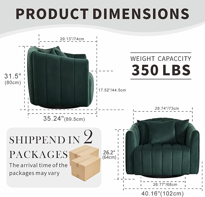 Mlmh &amp Kngwa 40.35 W Swivel Accent Chairs Set of 2 Oversized 360 Degree Swivel Barrel Chair with 3 Pillows Velvet Armchair for Living Room Bedroom Green