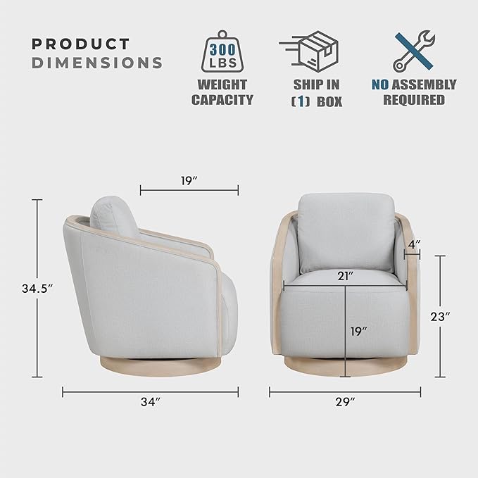 Lexicon Modern Swivel Accent Chair with Light Oak Ceruse Bentwood Base Textured Fabric Upholstered Lounge Chair Reversible Back Cushion for Living Room/Bedroom/Office Fully Assembled Gray