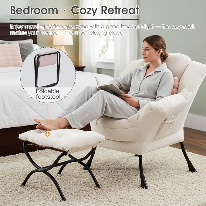 Lazy Chair with Ottoman Large Accent Chair with Ottoman and a Throw Pillow Beige Reading Chair for Living Room Bedroom Dorm Room Office Apartment Relaxing Use