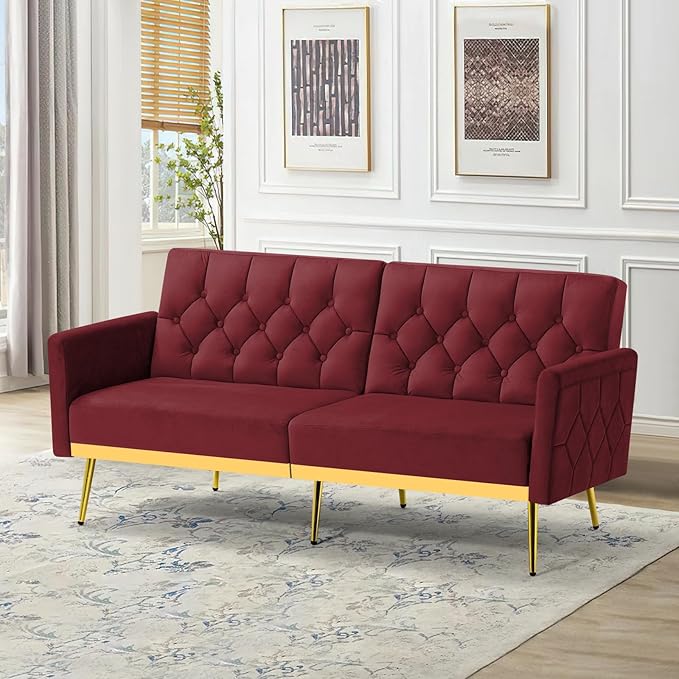 Velvet Sofa Bed w/Adjustable Armrests &amp Backrests Modern Convertible Sleeper Sofa Tufted Futon Sofa for Bedroom Living Room Apartment Red