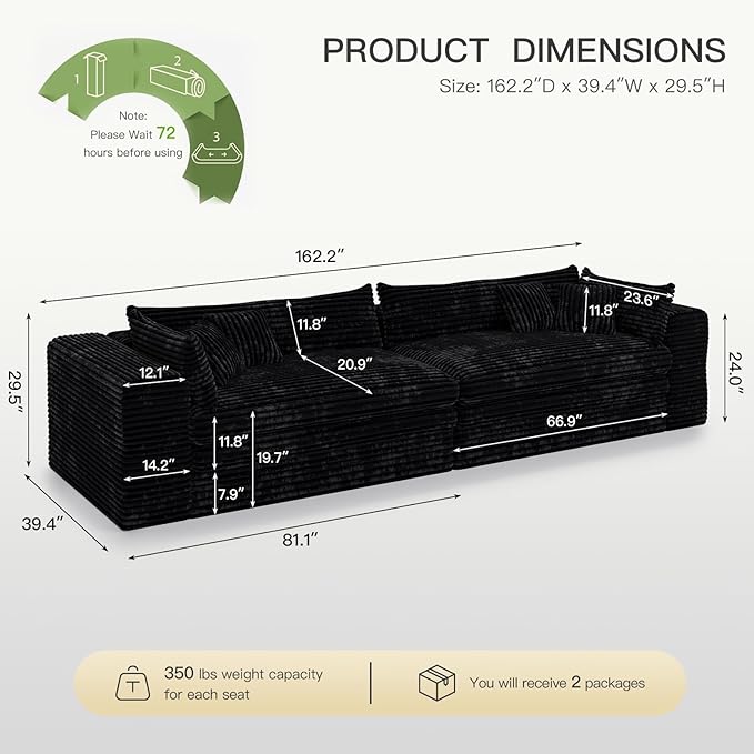 Belffin Plush Corduroy Boneless Cloud Couch with Deep Seat Convertible Sleeper Sofa Bed Cloud Boneless Sectional Couch No Assembly Required. Black Sofa