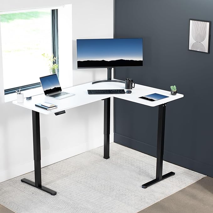 VIVO Corner Standing Desk 63 x 47 inch Reversible L-Shaped Workstation Electric Height Adjustment Home Office and Reception Rooms White Table Top Black Frame DESK-E3CTBW-47