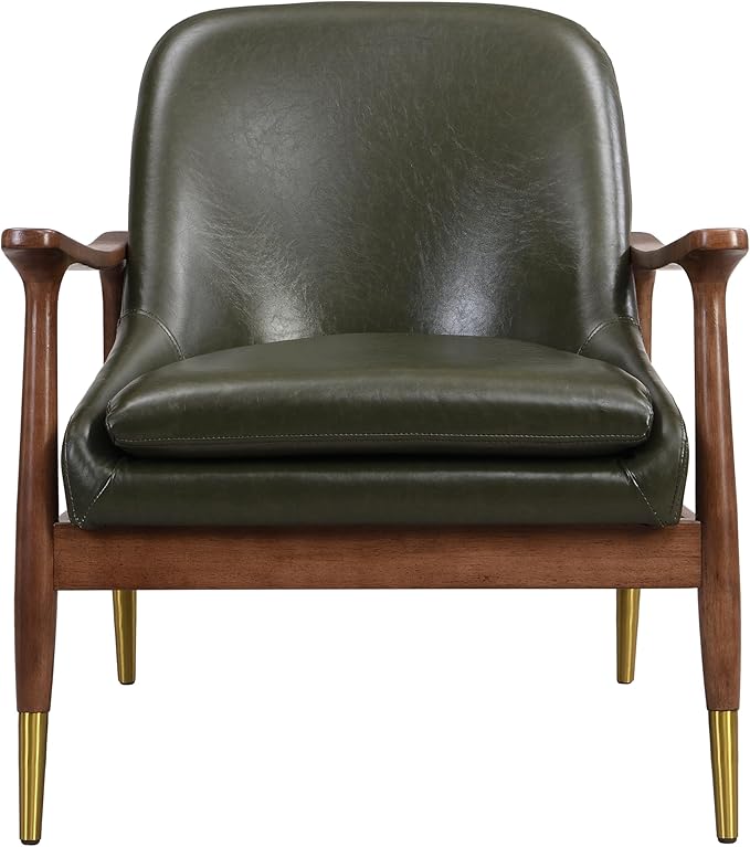 29.2 Mid-Century Modern Faux Leather Accent Chair with Padded Seat Solid Wood Frame &amp Brass Leg Caps - Perfect for Living Room Bedroom or Office Lounge (Green)