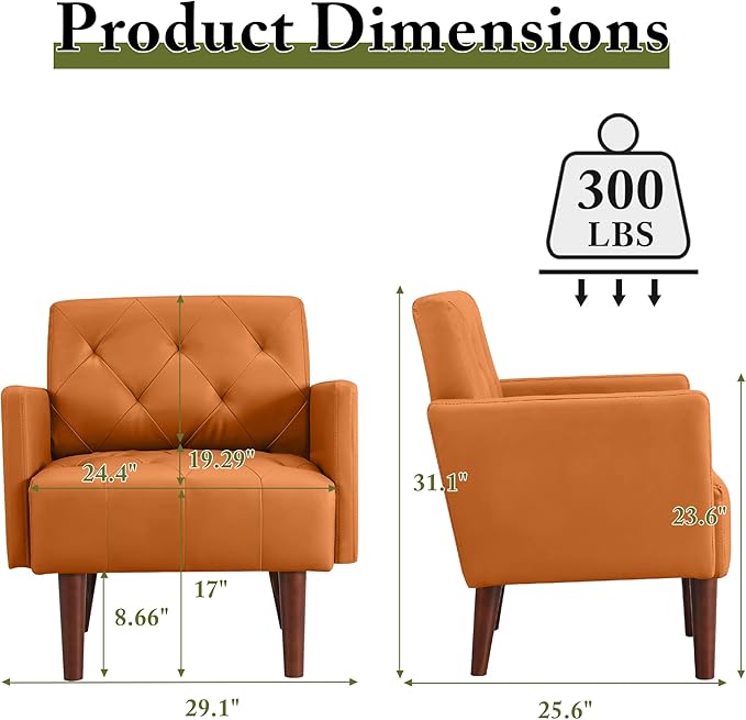 Faux Leather Accent Chair Modern PU Armchair Retro Tufted Upholstered Arm Chair Comfy Leather Club Chair Single Sofa for Living Room Bedroom Reading Room Apartment (Orange)