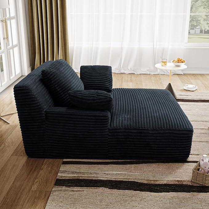 65.3'' Oversized Lounge Chaise Couch with Square Armrest Boneless Chaise Lounge with Cushions Corduroy Single Sofa Chair with 2 Pillows No Assembly for Living Room Apartment Black