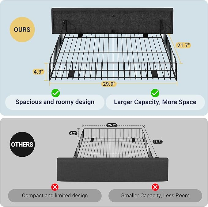 Allewie Upholstered Queen Size Platform Bed Frame with 4 Storage Drawers and Headboard Square Stitched Button Tufted Mattress Foundation with Wooden Slats Support No Box Spring Needed Dark Grey