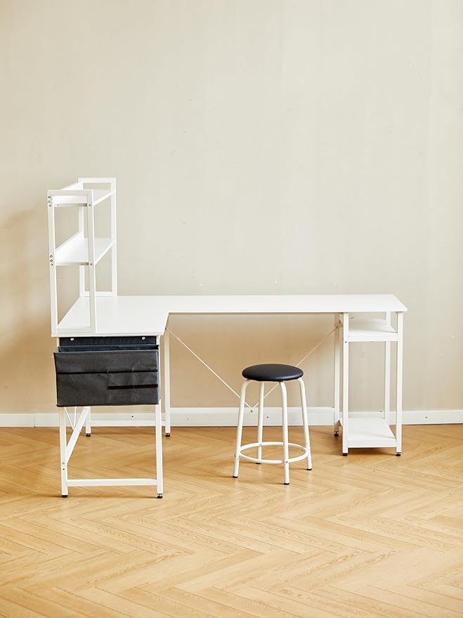 94.5 Inch Home Office Desk L Shape Gaming Desk with Storage Shelves and Stool