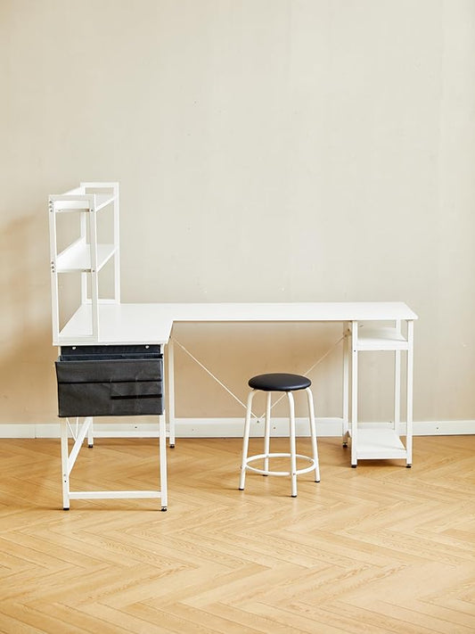 94.5 Inch Home Office Desk L Shape Gaming Desk with Storage Shelves and Stool