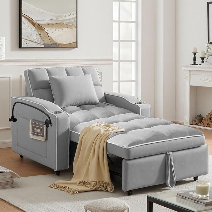 Sleeper Chair Convertible Pull Out Chair Sleeper with Bracket and Cup Holder Chairs Bed Sleepers for Adults 3 in 1 Sofa Bed Chairs for Small Spaces Living Room Light Gray