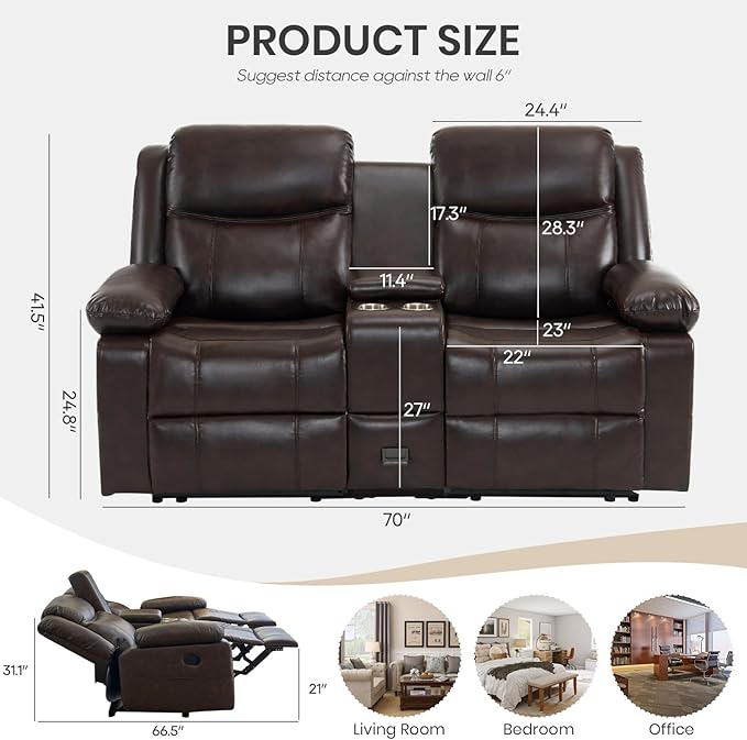 Reclining Loveseat Sofa with Massage &amp Heat Leather Recliner Couch with Side Pockets Extra Storage Cup Holders for Living Room RV