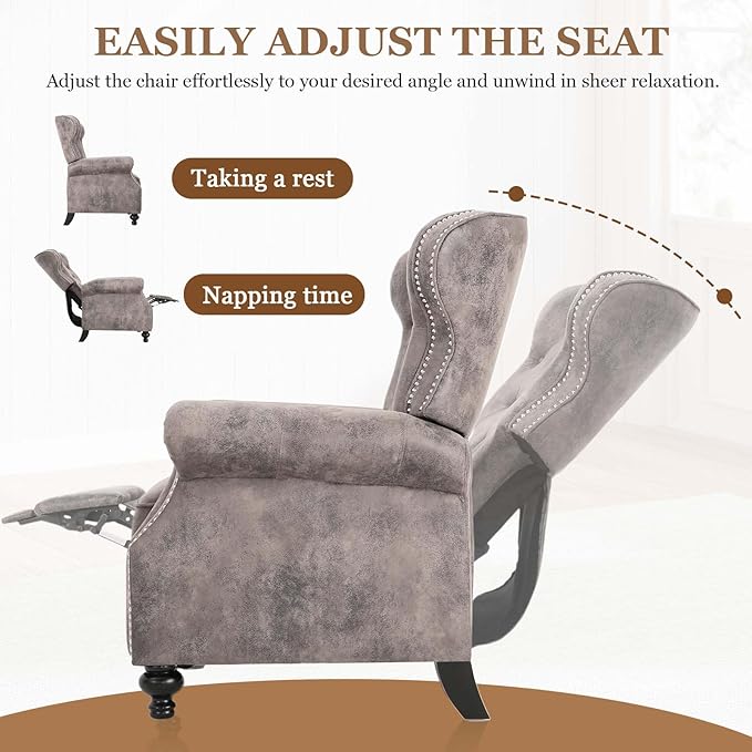 Mid Century Wingback Recliner Fabric Push Back Recliner Chair Single Rolled Armchair Sofa with Rivet Decoration Accent Chairs with Stable Hump Feet for Living Room (Brown Gray)